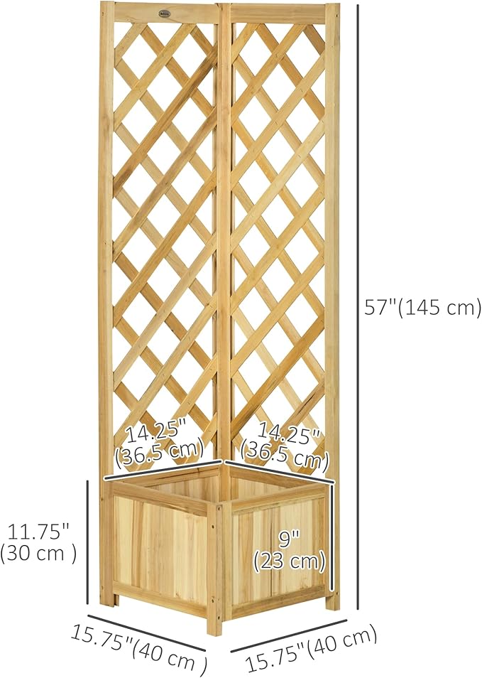 Outsunny Wooden Raised Garden Bed with Trellis, 57" Freestanding Corner Planter Box for Vine Plants Flowers Climbing and Planting Natural