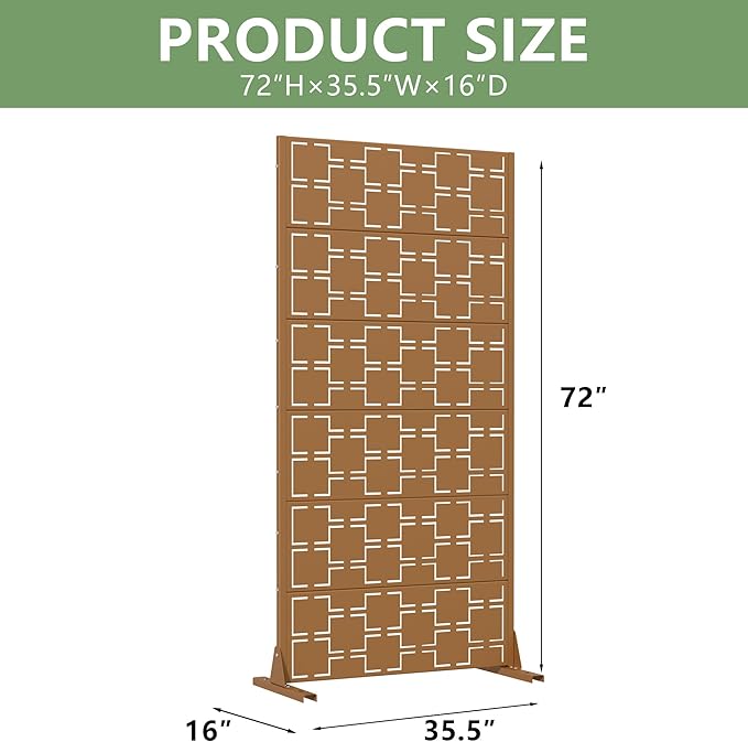 Casaphoria Metal Privacy Screen Outdoor, 72" H x 35" W Freestanding Decorative Privacy Screen for Patio Deck Balcony Garden with Stable Base, Brown-Square