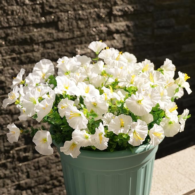 Artificial Flowers for Outdoors, UV Resistant Fake Silk Morning Glory, Realistic Faux Plants for Outside Porch Patio Window Box Hanging Planter (16, White)