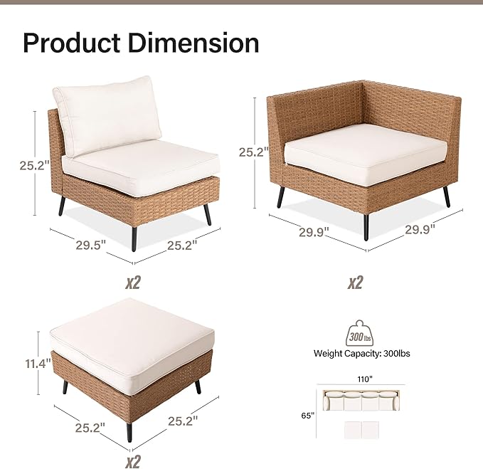 LAUSAINT HOME Outdoor Patio Furniture, 6 Piece Outdoor Sectional Sofa PE Rattan Wicker Patio Conversation Sets, All Weather Patio Furniture Set with Thick Cushions for Garden, Backyard(Beige)
