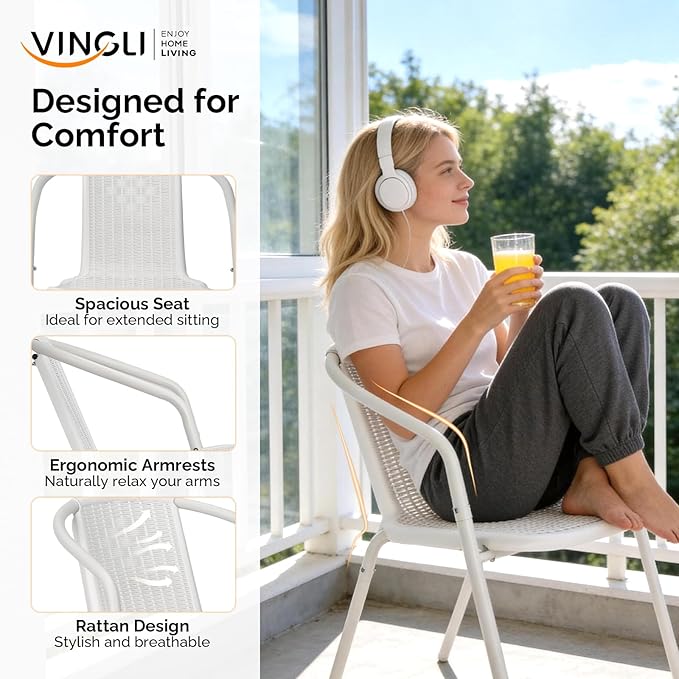 VINGLI PE Rattan Outdoor Dining Chairs Set of 4, Plastic Stackable Patio Chairs for Indoor, Porch, Restaurant, Garden, White