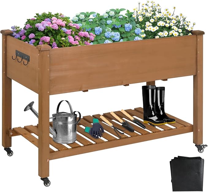 Raised Garden Bed with Legs & Wheels –, Outdoor Elevated Planter Box with Storage Shelf & Hooks for Vegetables, Flowers, and Herbs for Outdoor Gardening, Patio, Balcony,48"x 24"x 33"(Brown)