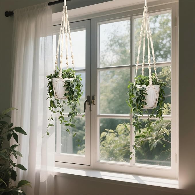 Macrame Plant Hanger Set of 2, 35 Inch Indoor Hanging Planter with 4 Hooks, Macrame Plant Hangers for Pots, No Tassels Boho Home Decor, Ivory (Pots Not Included)