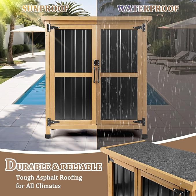 PetsCosset Weatherproof Outdoor Storage Cabinet with Lockable Doors, Wood & Metal Garden Storage Shed Patio Storage Box for Tools & Lawn Equipment, Pool Accessories