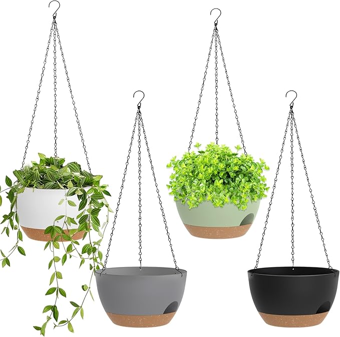 8 Inch Hanging Planters for Indoor Outdoor Plants, 4 Pack Plastic Self Watering Hanging Baskets with Drainage Holes and Chain for Garden Porch
