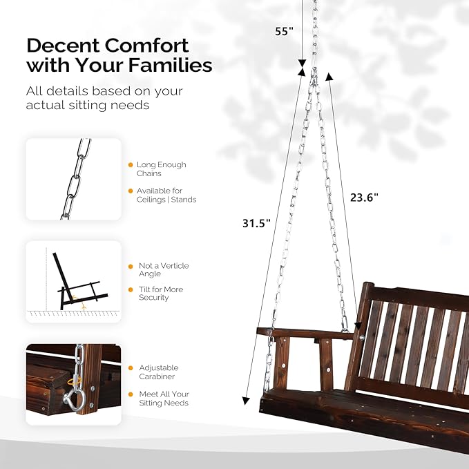 VINGLI Heavy Duty 880 LBS 5 FT Patio Wooden Porch Swing Outdoor with Upgraded Adjustable Chains, Outdoor Hanging Swing Bench for Garden, Yard, Balcony (5 FT, Rustic)