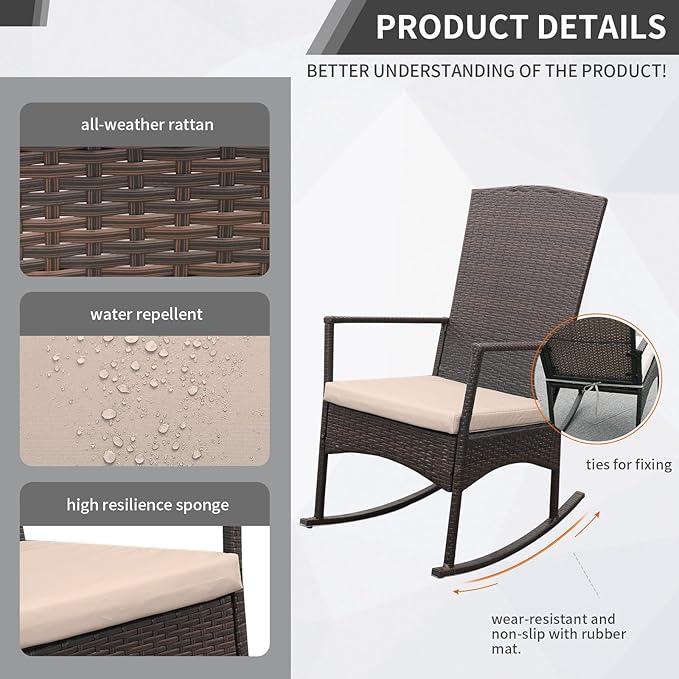 Outdoor Rocking Chair 3 Pieces High-Backed Rocking Chair Patio Rocking Chairs Outdoor Table, Khaki