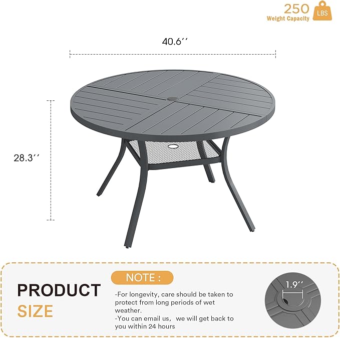 VICLLAX Round Patio Table with Adjustable Umbrella Hole for 4, All Weather Metal Outdoor Dining Table for Lawn Garden, 40.6" Outdoor Coffee Table, Grey Tabletop