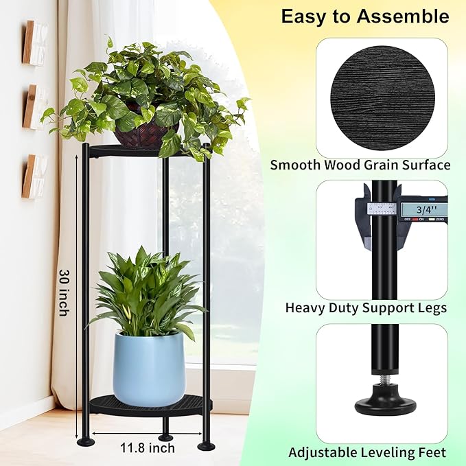 Plant Stand Indoor Outdoor, 30'' Tall Plant Stands for Indoor Plants, Heavy Duty Indoor Plant Shelf, 2 Tier Display Rack for Living Room, Balcony, Deck, Black