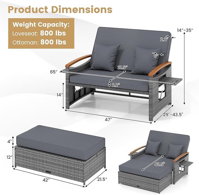 Tangkula Patio Rattan Daybed with 4-Level Adjustable Backrest, Outdoor Wicker Loveseat with Acacia Wood Armrest, Storage Ottoman & Folding Tray, Double Sunbed for Balcony, Backyard & Poolside (Grey)