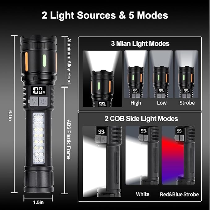 Rechargeable Flashlight High Lumens 900,000L, Super Bright LED Handheld Flashlights, 5 Modes Powerful Tactical Flash Light with Cob Side Light, USB C, Waterproof for Home, Emergency
