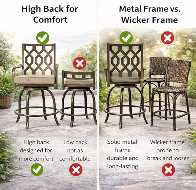 Kozyard Isabella Outdoor Swivel Bar Chairs, Counter Height Patio Bar Stools Set of 2 with Cushioned Seats, All-Weather Metal Bistro Chairs for Backyard Dining Beige