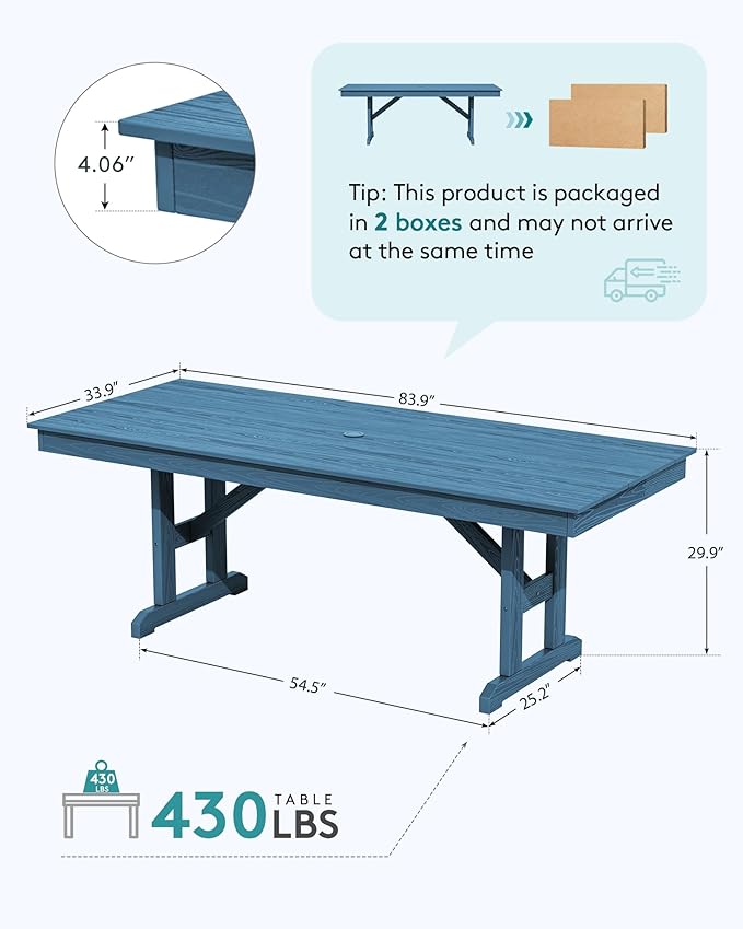 SERWALL Outdoor Dining Table, 84" Rectangular Dining Table for 6-10 Person, All Weather HDPE Outdoor Furniture for Backyard, Garden, Navy