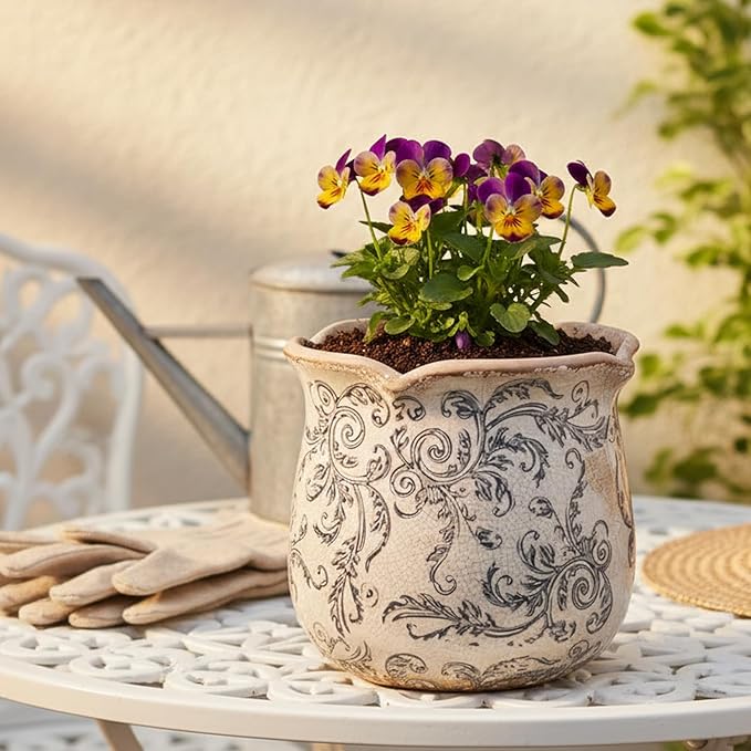 Ceramic Pots for Plants, Vintage Plant Pot with Drainage Hole, 6.11in. Planter for Indoor Plants, Crackle Glaze Finish Flower Pot, Perfect Tuscan Ceramic Planter for Gardening, Gray Swirls
