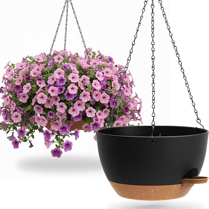 13 Inch 2 Pack Large Self Watering Hanging Planters for Indoor Outdoor Plants, Hanging Plant Pots with Removable 50 Oz Reservoir, Plastic Hanging Basket for Window Porch Garden, Black with Brown