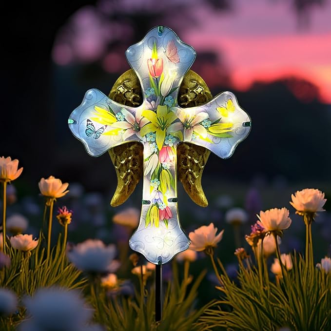 Solar Cross Garden Stake Lights for Outdoor Garden,Cemetery,and Yard Decor,Angel Wings Cross Solar Christmas Lights Outdoor,Memorial Gifts Lily