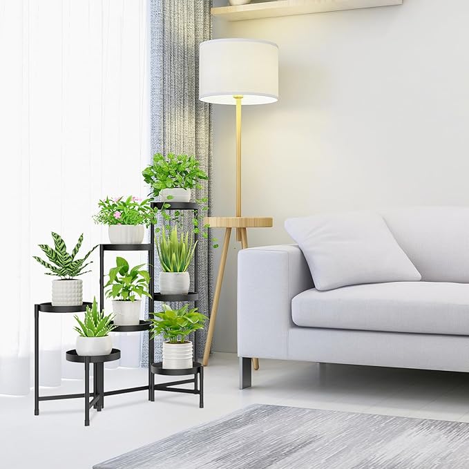 iDavosic.ly Plant Stand Indoor Outdoor, 7 Tier Corner Metal Flower Display Holder Shelf, Easy Assembly Folding Tall Orchid Rack for Patio Balcony Porch Garden Living Room House, Black