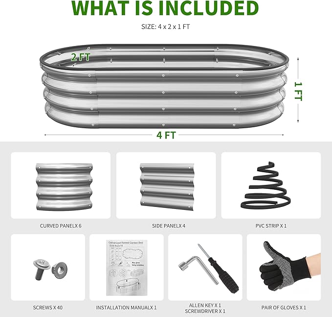 Galvanized Metal Raised Garden Bed Kit for Outdoor Planter Boxes with Easy Assembly,Oval Large Galvanized Gardening Raised Bed for Vegetables, Fruits, Flower (Silver, 4 * 2 * 1ft)