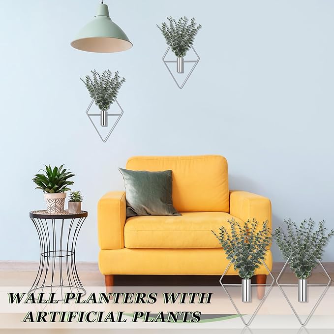 Jexine 4 Pcs Hanging Planters with Artificial Eucalyptus, Chrome Silver Wall Decor Metal Hanging Vase Indoor Plants Holder Modern Geometric Bathroom Decor for Living Room Home Office