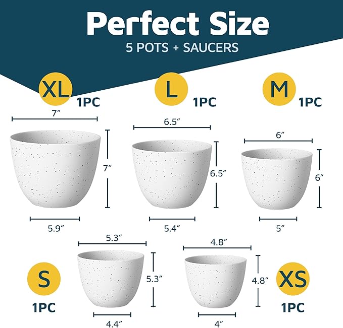 White Gray Plant Pots with Drainage Holes & Saucers 5 Pack, Indoor & Outdoor Stackable Space-Saving Planters for Houseplants & Flowers, (7", 6.7", 6", 5.3", and 4.8" Inches), Durable & Weatherproof