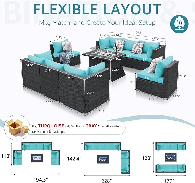 NICESOUL Extra-Large 9 Pcs Outdoor Patio Furniture Set with Fire Pit Table Natural Gas/Propane, 29.3'' High Back Deep Wide Modular Sofa Conversations with Fireplaces, 2 Color Cushion Teal Blue & Grey