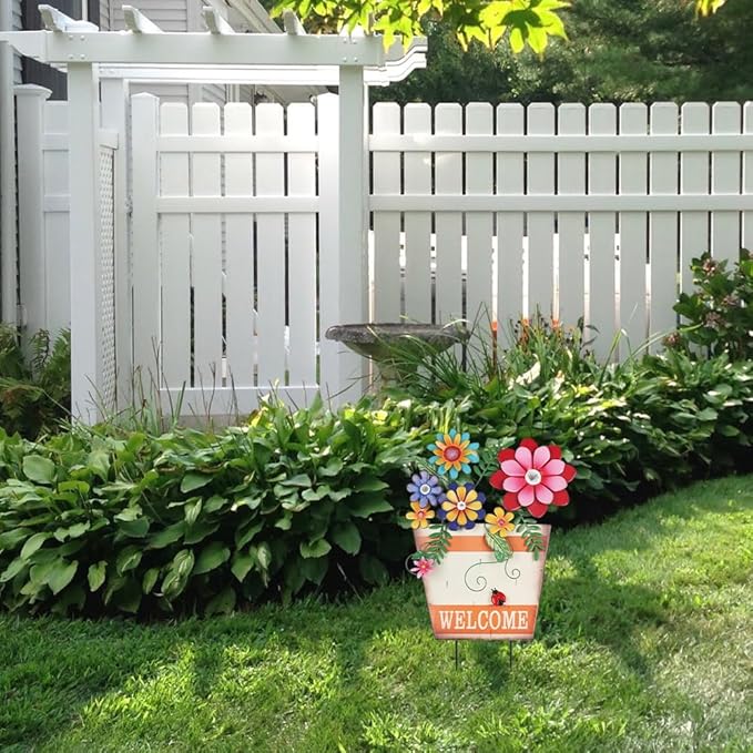 hogardeck Garden Decor for Outside, Metal Flower Pot Decorative Garden Stakes with Flowers for Spring Decor, Yard Art Welcome Sign for Outdoor Garden Lawn Backyard Porch Patio Decorations