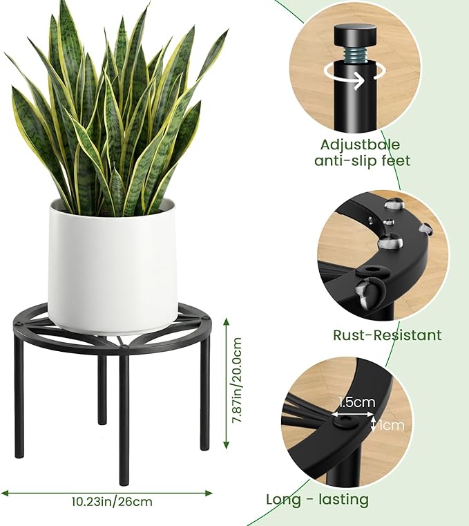 TOSKING Heavy Duty Metal Plant Stand for Indoor Outdoor, 10.2" Rustproof Wrought Iron Potted Plant Holder with 4 Adjustable Feet, Modern Geometric Pattern Round Rack for Drink Dispenser, Black