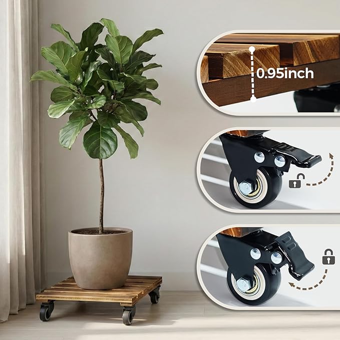 Bamworld 14 Inch Large Plant Stand Wood Plant Caddy with Wheels Heavy Duty Plant Dolly with 360 Lbs Capacity, 360° Lockable Wheels for Large Plant Pots, Indoor and Outdoor Use 2-Pack