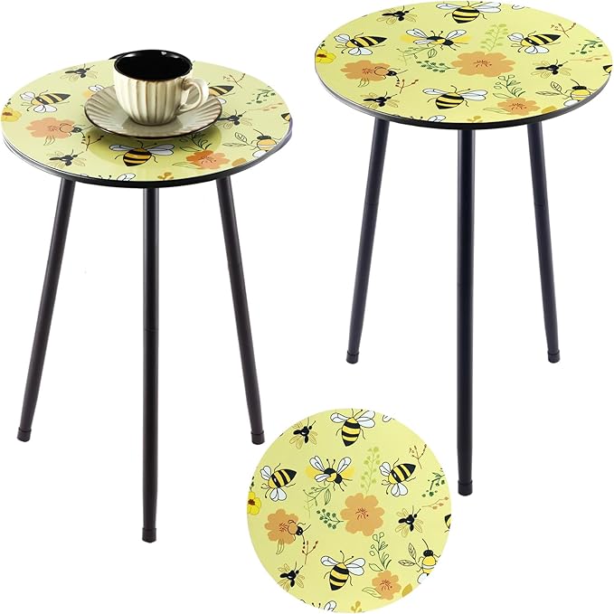 Metal Outdoor Side Tables Set of Two Small Outside Round End Table for Patio Modern Accent Garden Corner Table for Small Spaces, Balcony, Porch, Weather-Resistant Plant Stand Indoor, Yellow