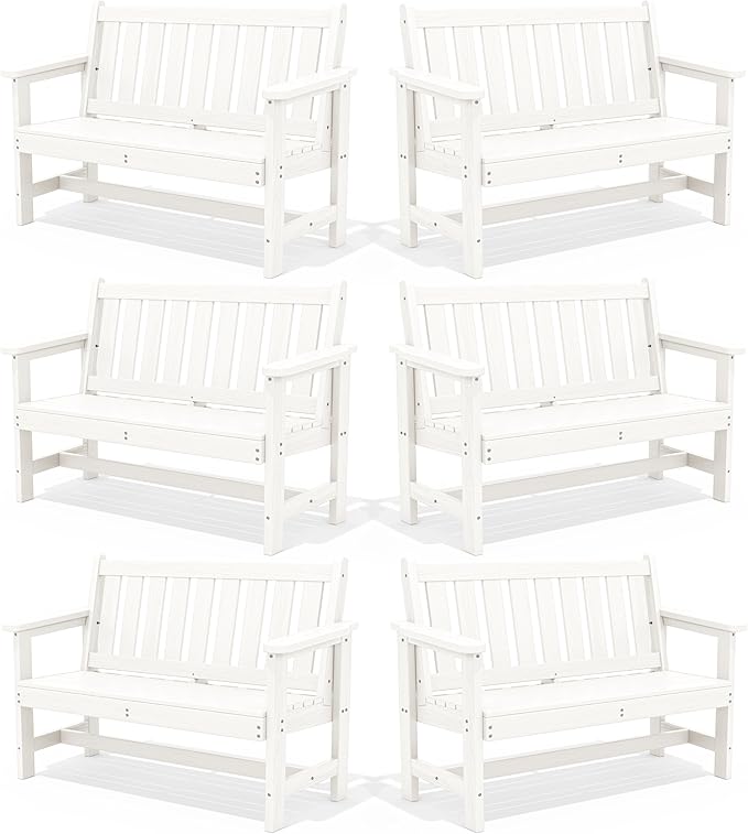 SERWALL Outdoor Bench, HDPE Outdoor Benches Weatherproof, 2-Person Garden Bench with 660 lbs Weight Capacity, Patio Benches for Outdoors, Garden, Porch, Backyard and Park, White, 6 Pack