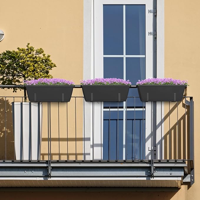 YBING Railing Planter Boxes 6 PCS Black Rectangle Railing Flower Box with Adjustable Bracket Window Deck Hanging Planters Boxes for Outdoor Patio