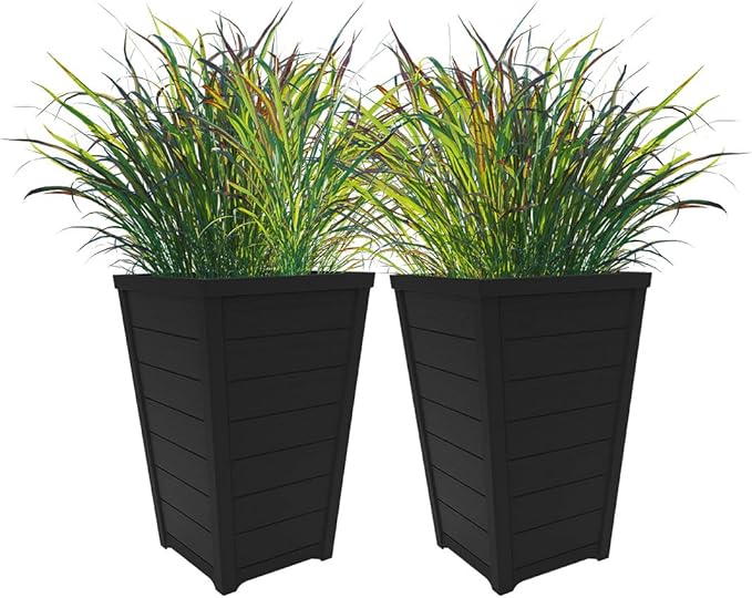 Keter Set of 2 Modern 22‑Inch Tall Outdoor Flower Pots – Large Resin Tapered Planters for Outdoor Plants, Front Porch & Patio Decor, Wood‑Look Design, Graphite