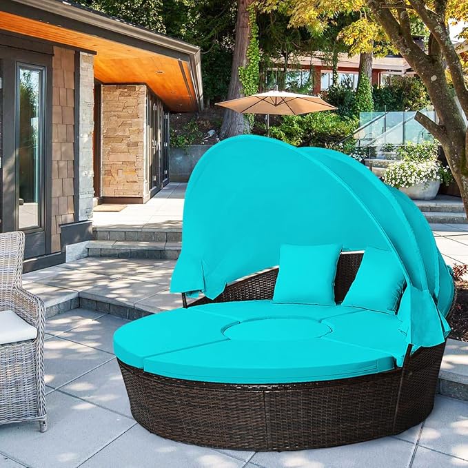 Tangkula Patio Round Daybed with Retractable Canopy, Outdoor Wicker Rattan Furniture Sets, Sectional Cushioned Sofa Set w/Height Adjustable Coffee Table, Rattan Conversation Sets (Turquoise)