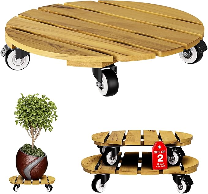 Idzo Combo 12 Inch and 14 Inch Acacia Wood Rolling Round Planter Caddies for Plant Pots, Heavy Duty Plant Stand with 360° Lockable Wheels, 264 lbs Capacity Caddy for Indoor and Outdoor Use, Golden Teak