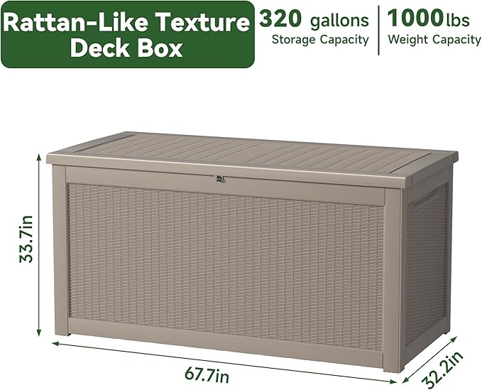 320 Gallon Resin Deck Box, Lockable Patio Outdoor Storage Box for Furniture, Garden Tools and Tools Storage, Waterproof Outside Storage Boxes - Grey