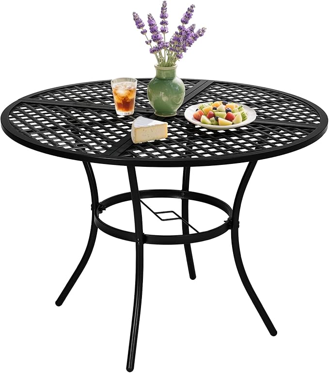VINGLI 42" Round Outdoor Dining Table - Patio Metal Table with 1.97" Umbrella Hole, Iron Garden Table for Deck Porch Backyard, Black