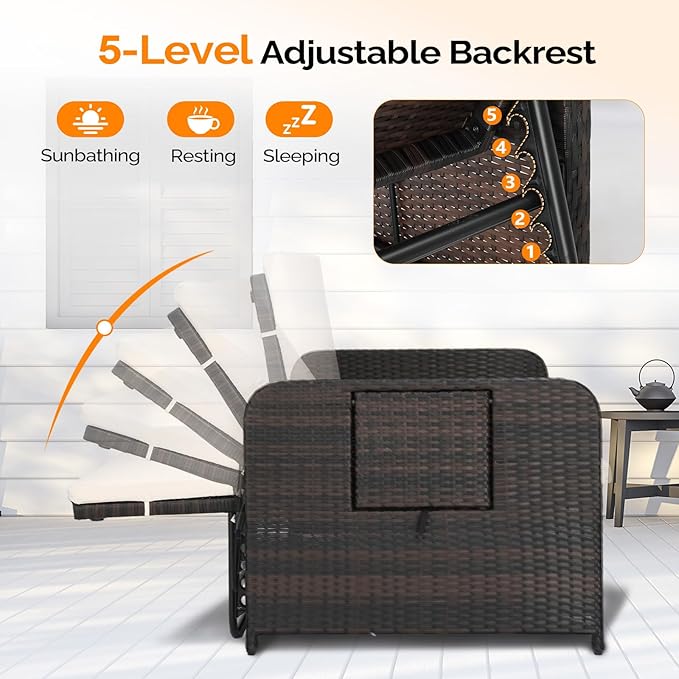 VINGLI Patio Daybed, Wicker Outdoor Daybed with Storage Ottoman & 5-Level Adjustable Backrest, All-Weather Rattan Cushioned Patio Loveseat Sofa for Garden Balcony Backyard (Beige, Brown)