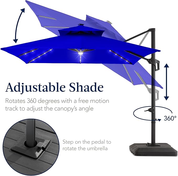 Best Choice Products 9x12ft LED Cantilever Patio Umbrella w/Base Included & 360° Rotation, Large Solar Offset Hanging Outdoor Sun Shade for Deck, Backyard Table w/Stand & Lights – Resort Blue