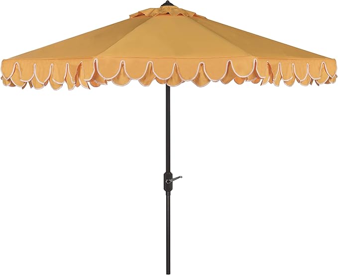SAFAVIEH 9ft Outdoor Patio Umbrella, Round, Valance, Yellow & White Trim, Auto Crank Tilt, UV Resistant for Deck, Backyard, Poolside (PAT8006B)