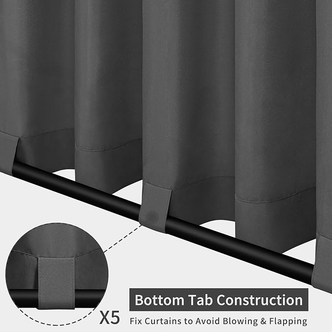Easy-Going Outdoor Patio Curtains Detachable Tab Top Windproof Weatherproof Curtain for Cabana, Porch, Pergola and Gazebo, Tab Bottom Drape, 2 Panels, 110W x 108L inch, Gray