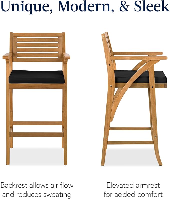 Best Choice Products Set of 2 Outdoor Acacia Wood Bar Stools Bar Chairs for Patio, Pool, Garden w/Weather-Resistant Cushions - Black