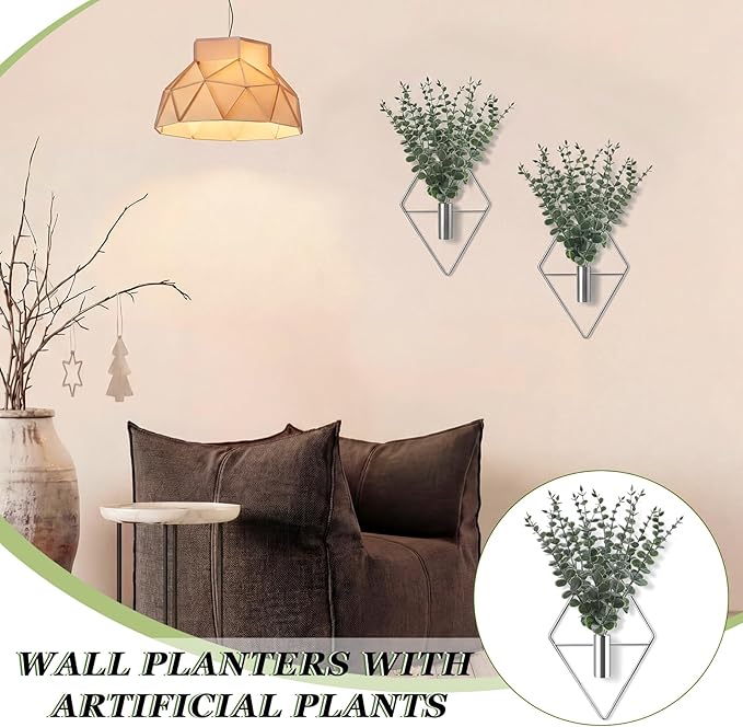Jexine 8 Pcs Hanging Planters with Artificial Eucalyptus Metal Hanging Vase Indoor Plants Holder Modern Geometric Boho Bathroom Wall Decor for Living Room Home Office (Eucalyptus,Silver)
