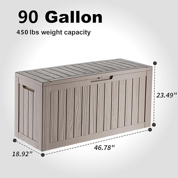 90 Gallon Outdoor Storage Box - Deck Box Container for Patio, Pool, and Garden-Waterproof and UV Resistant Resin,Lockable (Grey)