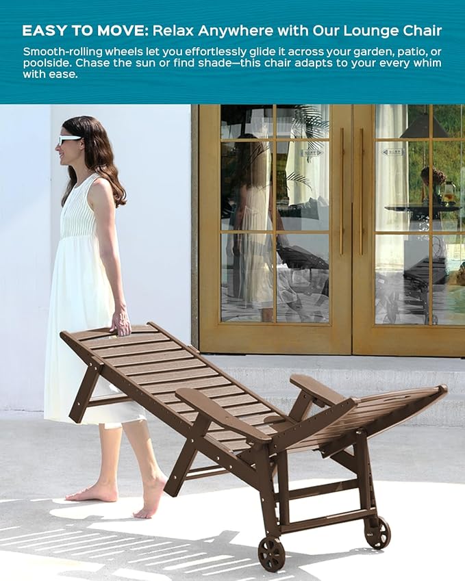 Ciokea Outdoor Chaise Lounge Chair Set of 2, Patio Lounge Chairs for Outside, HDPE Lounge Chairs with Wheels & Cup Holder, Poly Lounge Chair with 5 Position for Poolside, Deck, Dark Brown