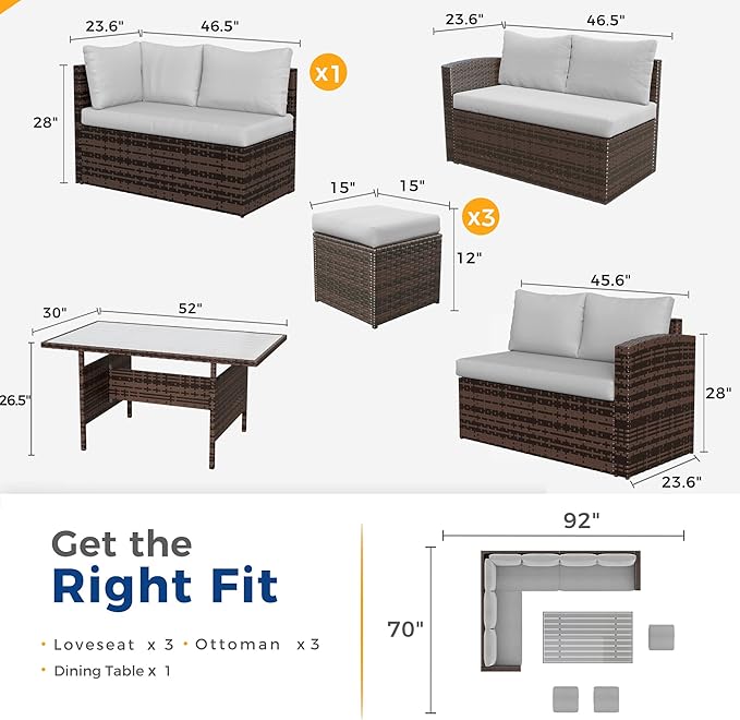 Wisteria Lane 7 Piece Patio Furniture Set, Wicker Patio Sectional with Wide Armrest, All Weather Outdoor Dining Set, Outdoor Furniture Patio Conversation Set with Ottoman, Grey