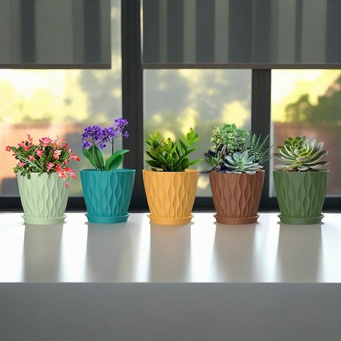 4 Inch Plant Pots, 6 Pack Indoor Flower Pots, Planters with Drainage Holes and Trays for Orchids, Violets, Succulents, Herbs, and Other Plants,Corolful