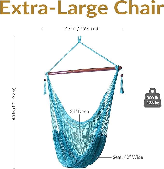 Sunnydaze Outdoor Hammock Chair Swing - Hanging Hammock Swing - Hanging Reading Chair - Soft-Spun Polyester Rope - Caribbean XL - Sky Blue