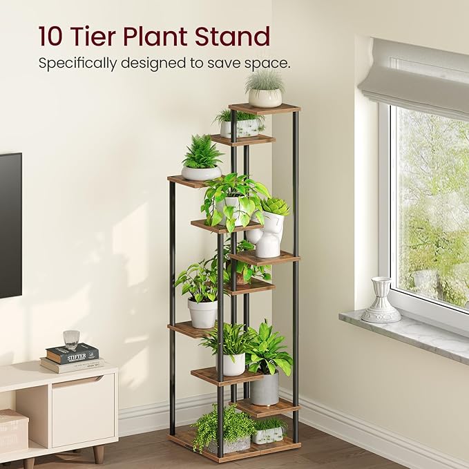 10 Tier Plant Stand Indoor, Tiered Corner Plant Shelf Flower Stand for Living Room, Balcony, Patio, Garden, Rustic Brown
