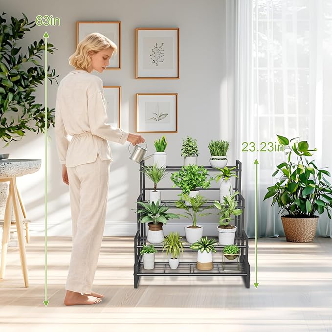 Plant Stand, 4 Tier Stackable Tiered Plant Stand, Scalable Heavy Duty Tall Plant Shelf for Indoor Outdoor, Garden, Display Shelves, Flower Pot Holder, Black