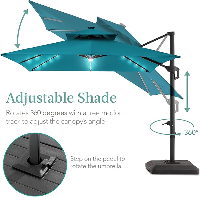 Best Choice Products 10x10ft Cantilever Patio Umbrella w/Base Included, Solar LED Lights 360 Rotation Large Offset Hanging Outdoor Shade for Deck Pool Backyard w/Stand – Cerulean